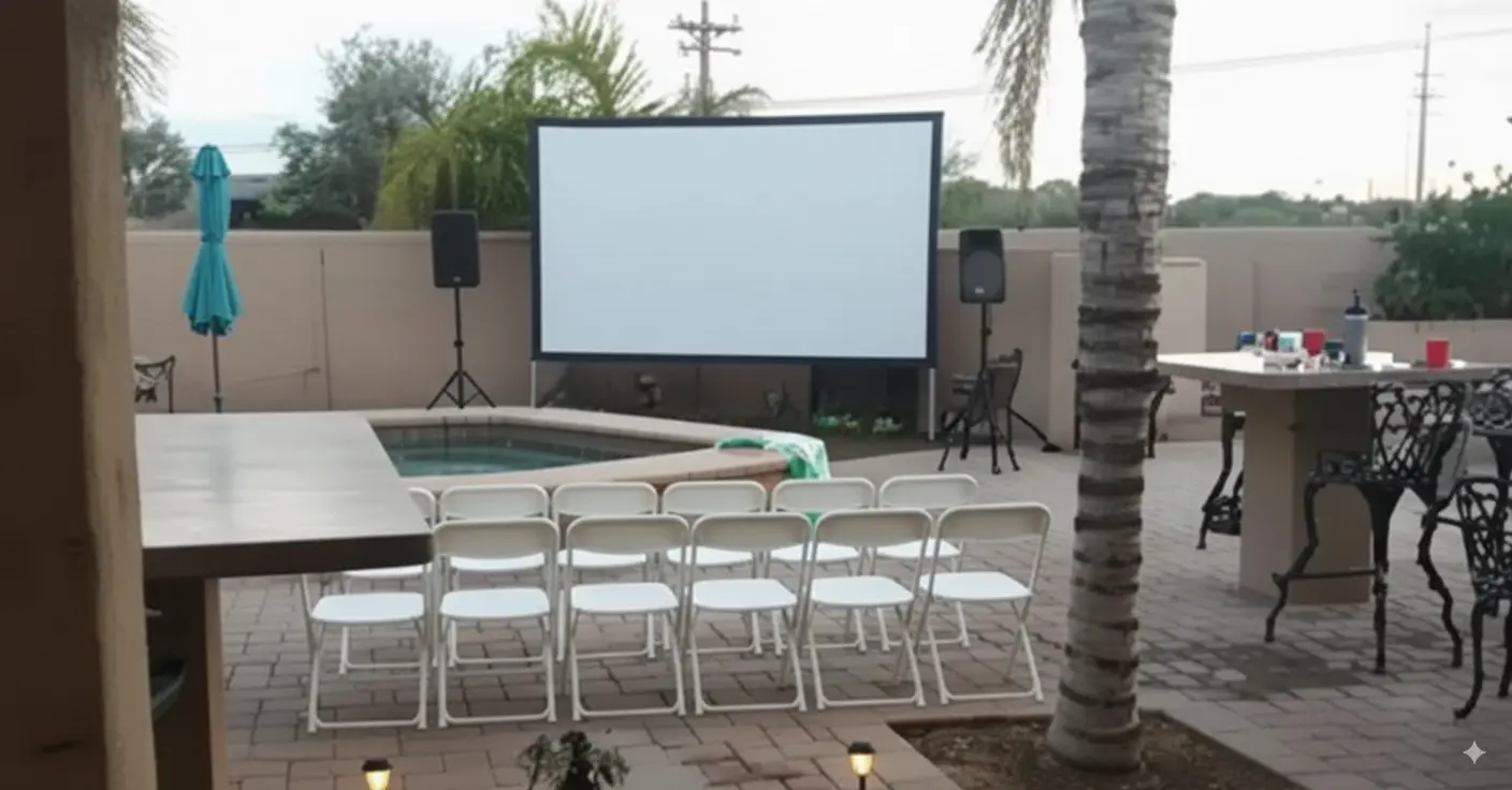 A large free-standing movie screen set up in a backyard.
