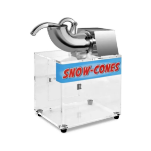 Snow cone machine with a freshly made rainbow snow cone